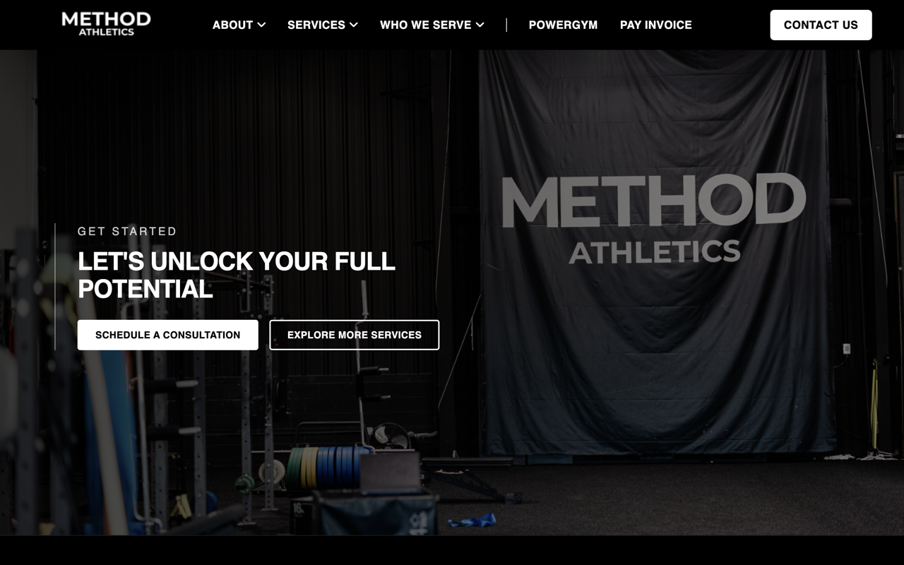 Method Athletics — dark, high-contrast branded section with unlock your potential call to action