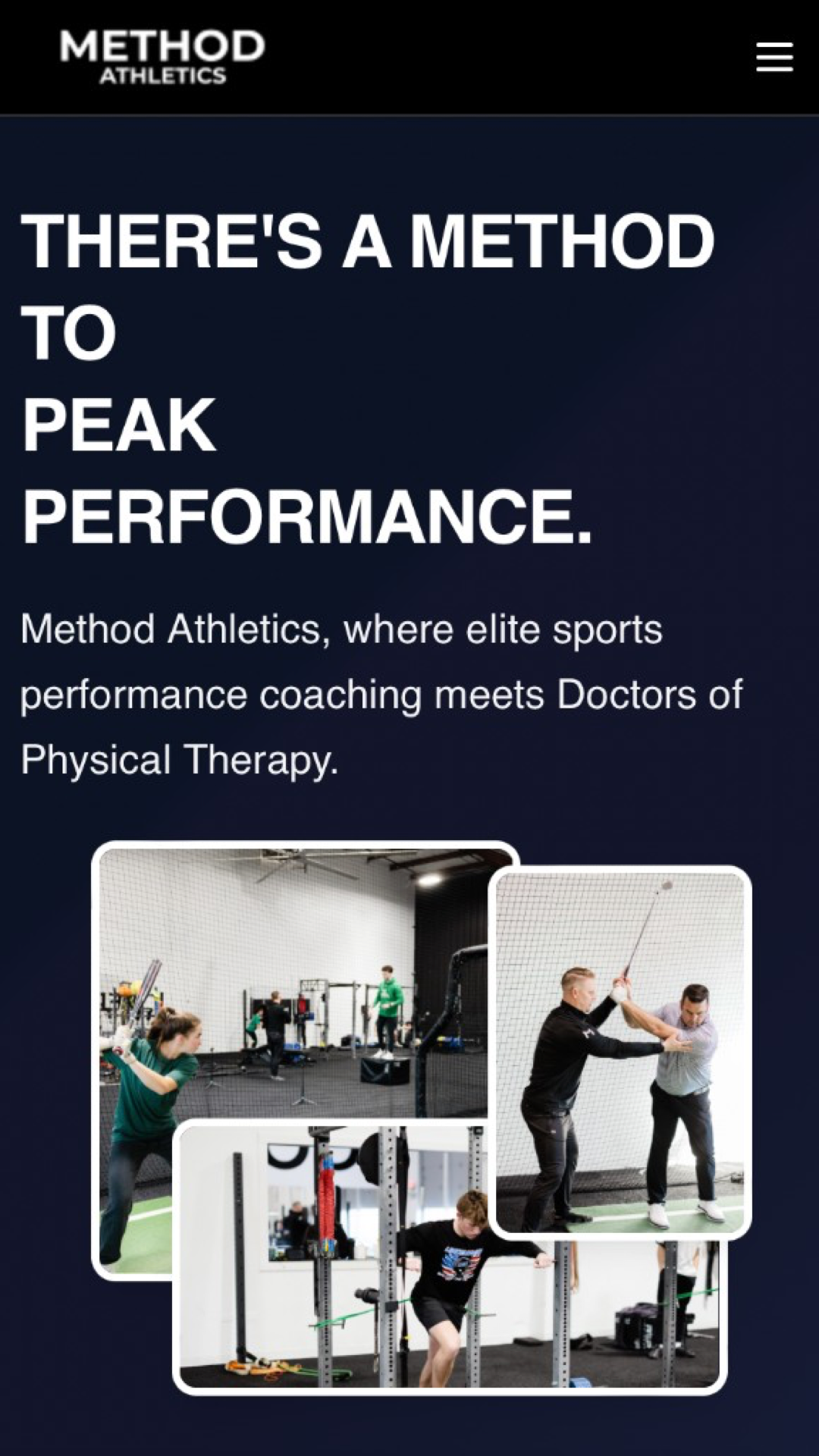 Method Athletics — mobile homepage hero with peak performance headline