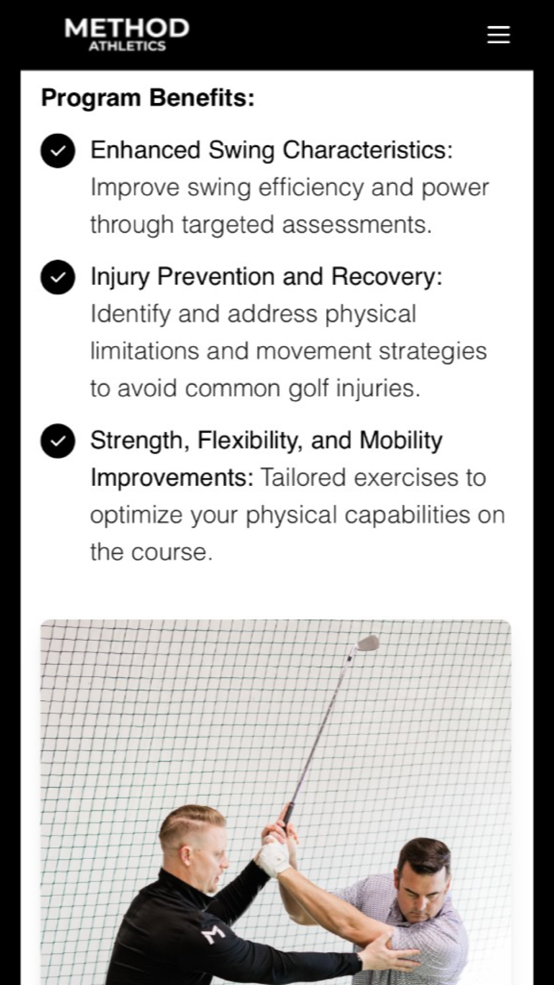 Method Athletics — mobile service page with program benefits