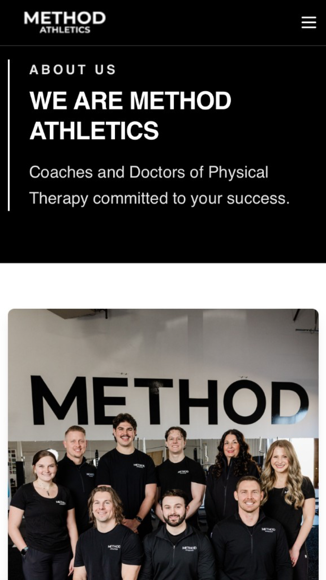 Method Athletics — mobile About Us with restrained black and white brand form