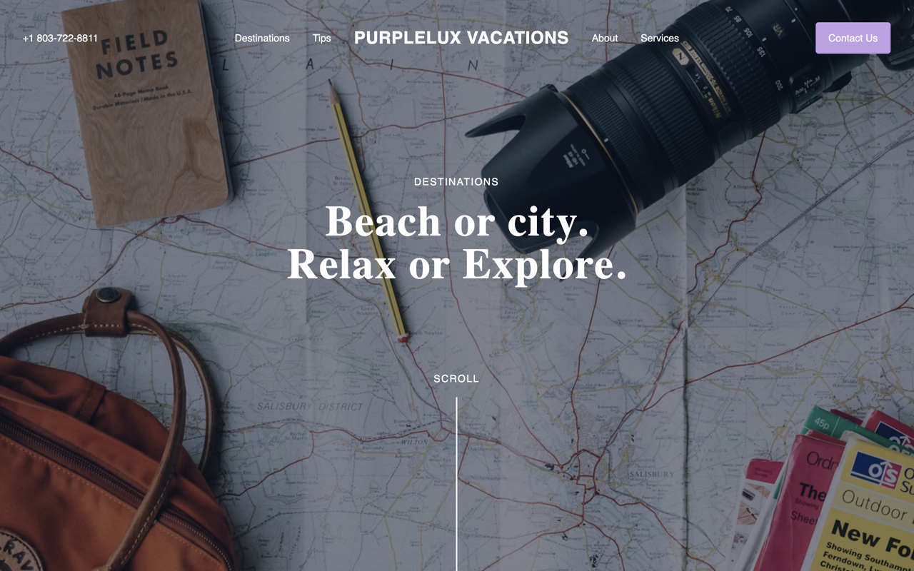 PurpleLux Vacations — homepage hero with beach or city, relax or explore