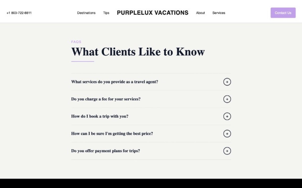 PurpleLux Vacations — FAQ section with soft conversion path