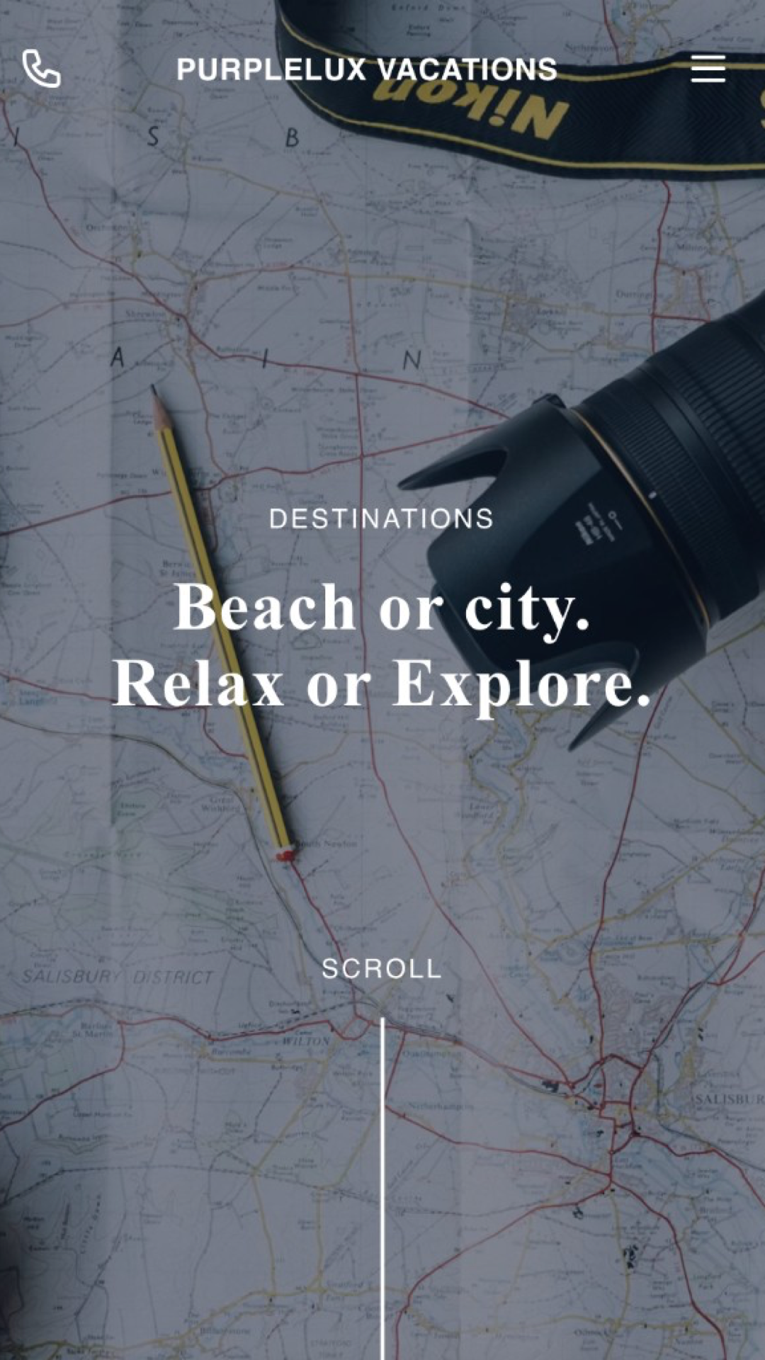PurpleLux Vacations — mobile homepage hero with beach or city, relax or explore