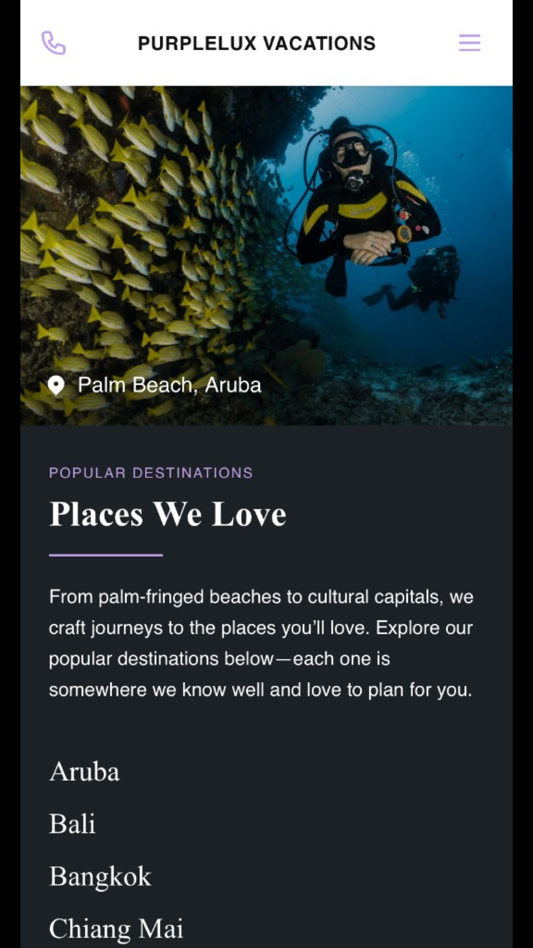 PurpleLux Vacations — mobile destinations and visual inspiration