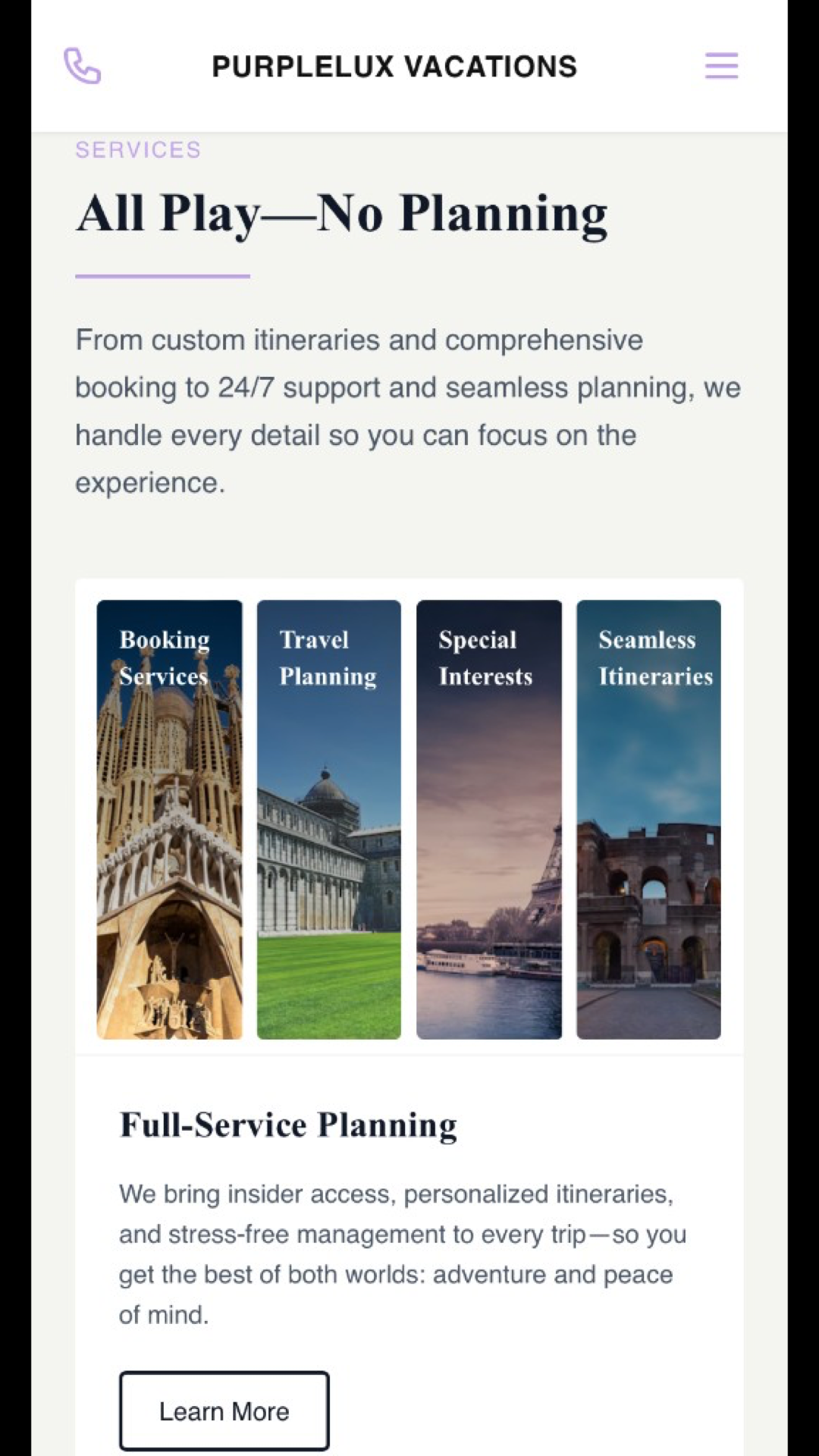 PurpleLux Vacations — mobile services introduced after destination inspiration