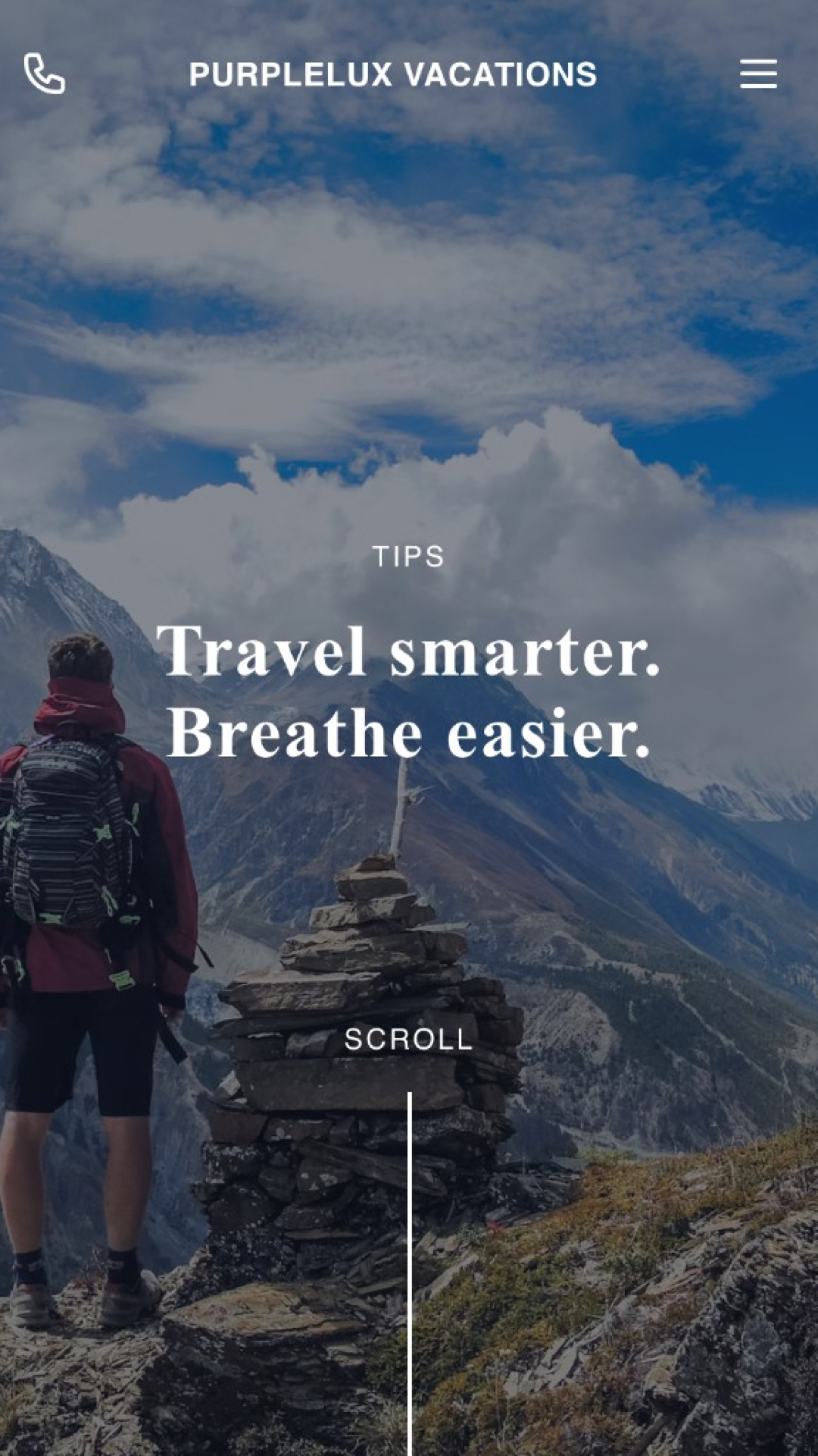 PurpleLux Vacations — mobile tips hero for non-linear trip planning