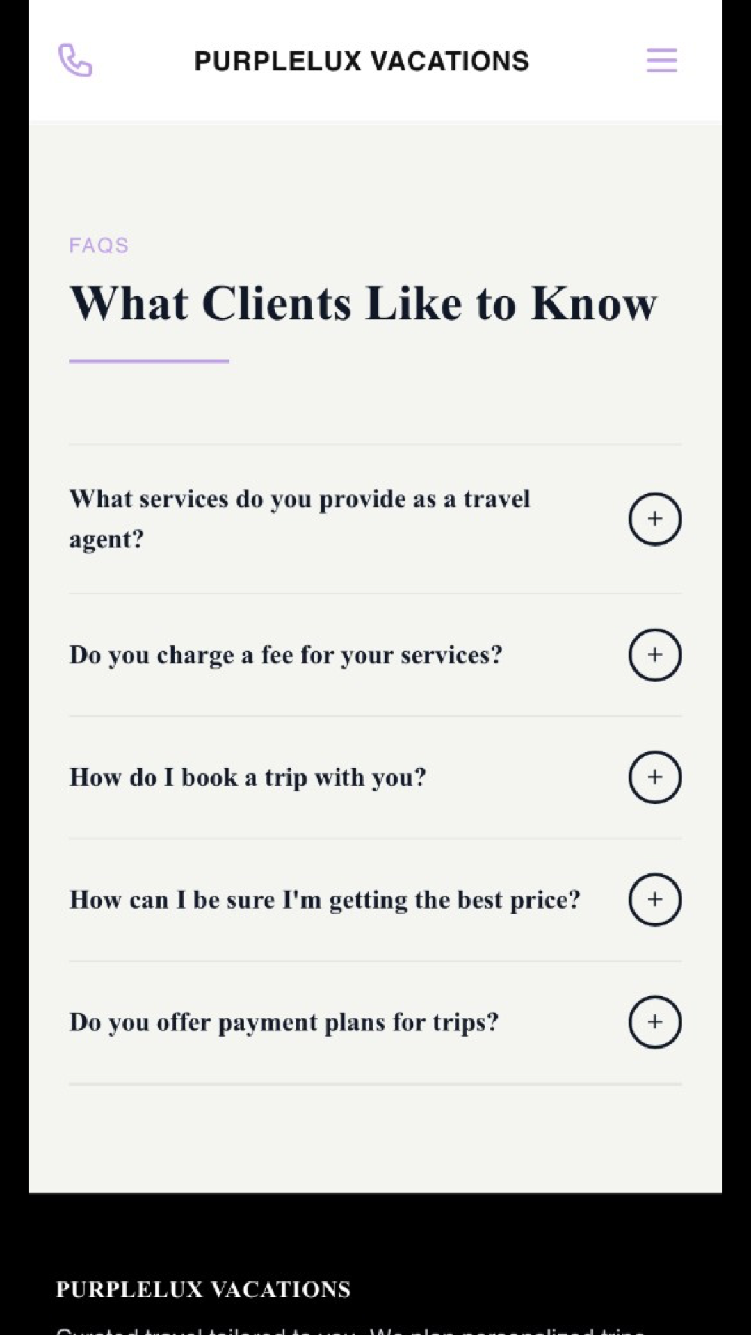 PurpleLux Vacations — mobile FAQs and soft conversion path